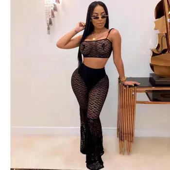 

Grid Mesh Lace Sexy Black Two Piece Outfits Spaghetti Strap Crop Top Wide Legs Women Casual Plus Size Loose Pants Club Sexy Sets