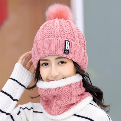 

2019 New Knitted Winter Hat Scarf Set Women's Thick Cotton Beanies And Ring Scarf Thickened Hat With Warm Mask