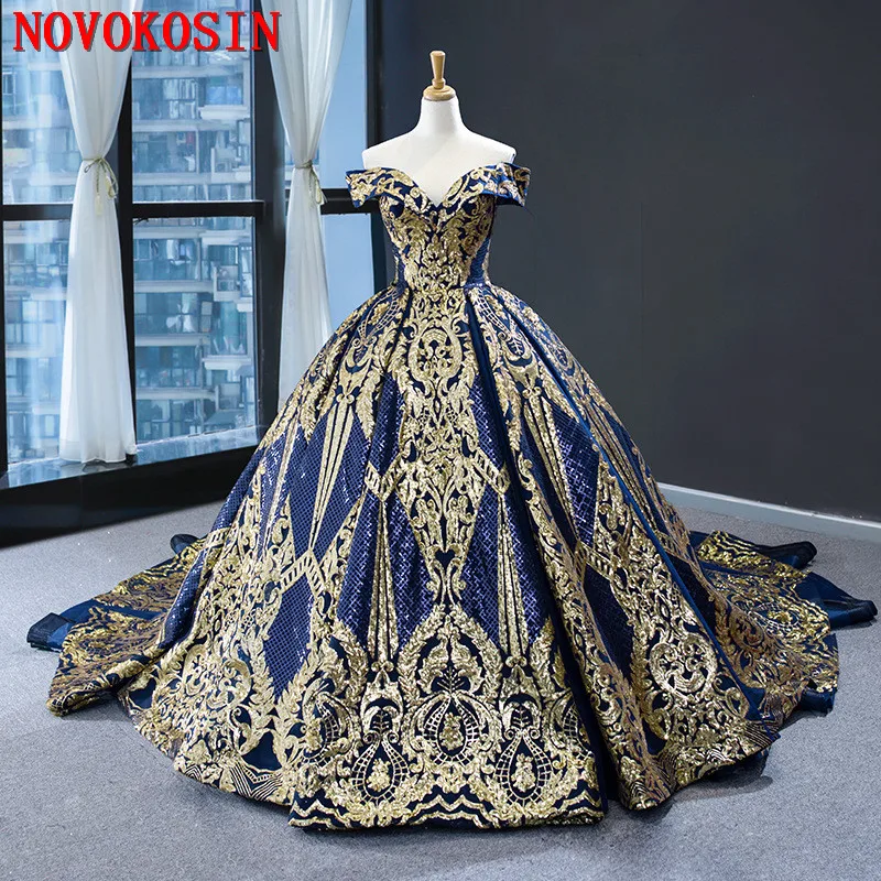 

2020 Real Sample Satin Patchwork Gold With Blue Sequin Lace Ball Gown Bridal Evening Party Dress Deep V Neck Luxury Formal Gown