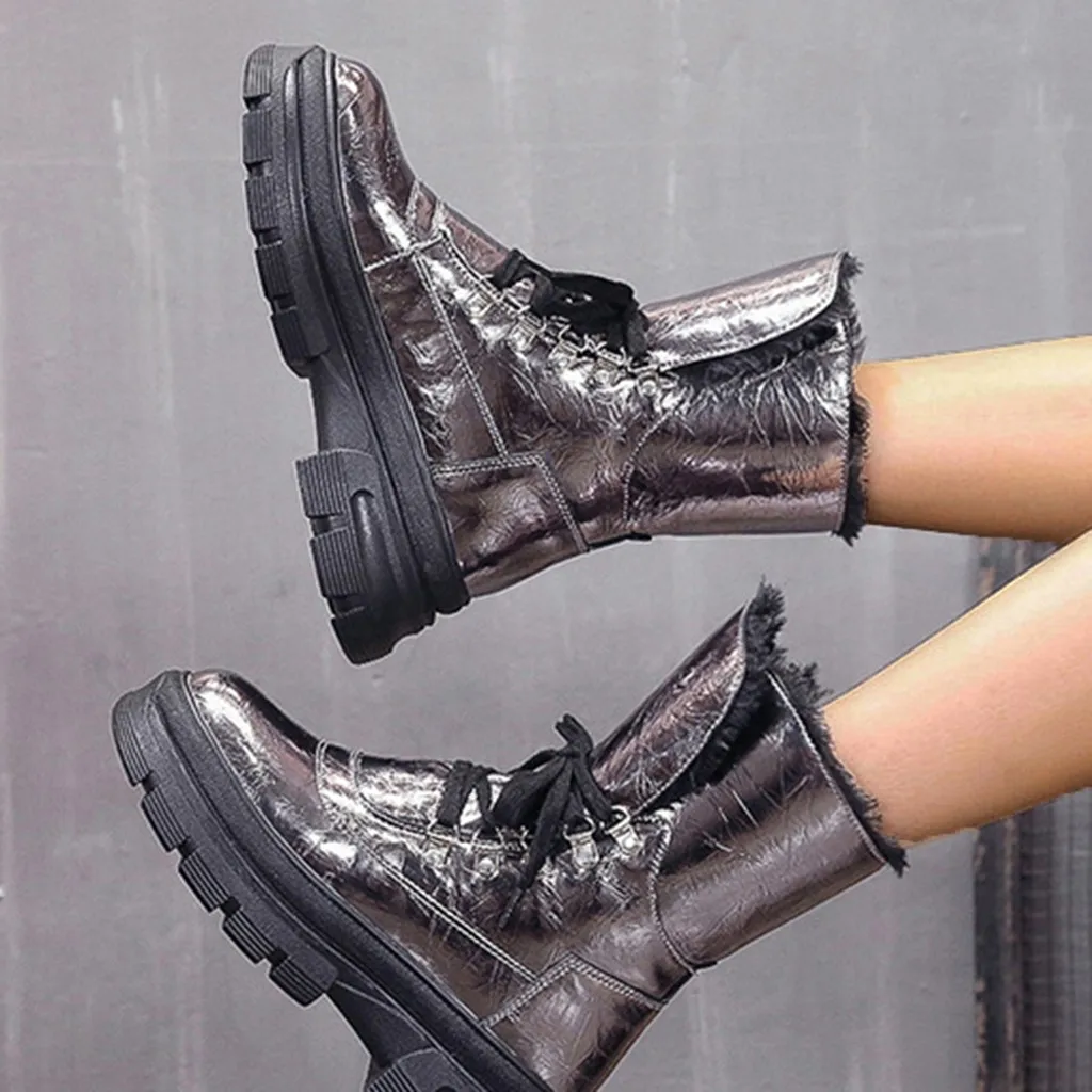 Женские зимние теплые ботинки из искусственной кожи на платформе со шнуровкой и коротким плюшем ботинки из плюша высокое качество; botas mujer; большой размер 40