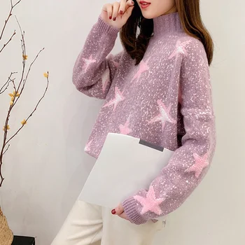 

Z Female Winter Clothes Women Clothing Christmas High Collar Sweaters Star Print Sweater Loose Pullover Sweet Knit Top Sueteres