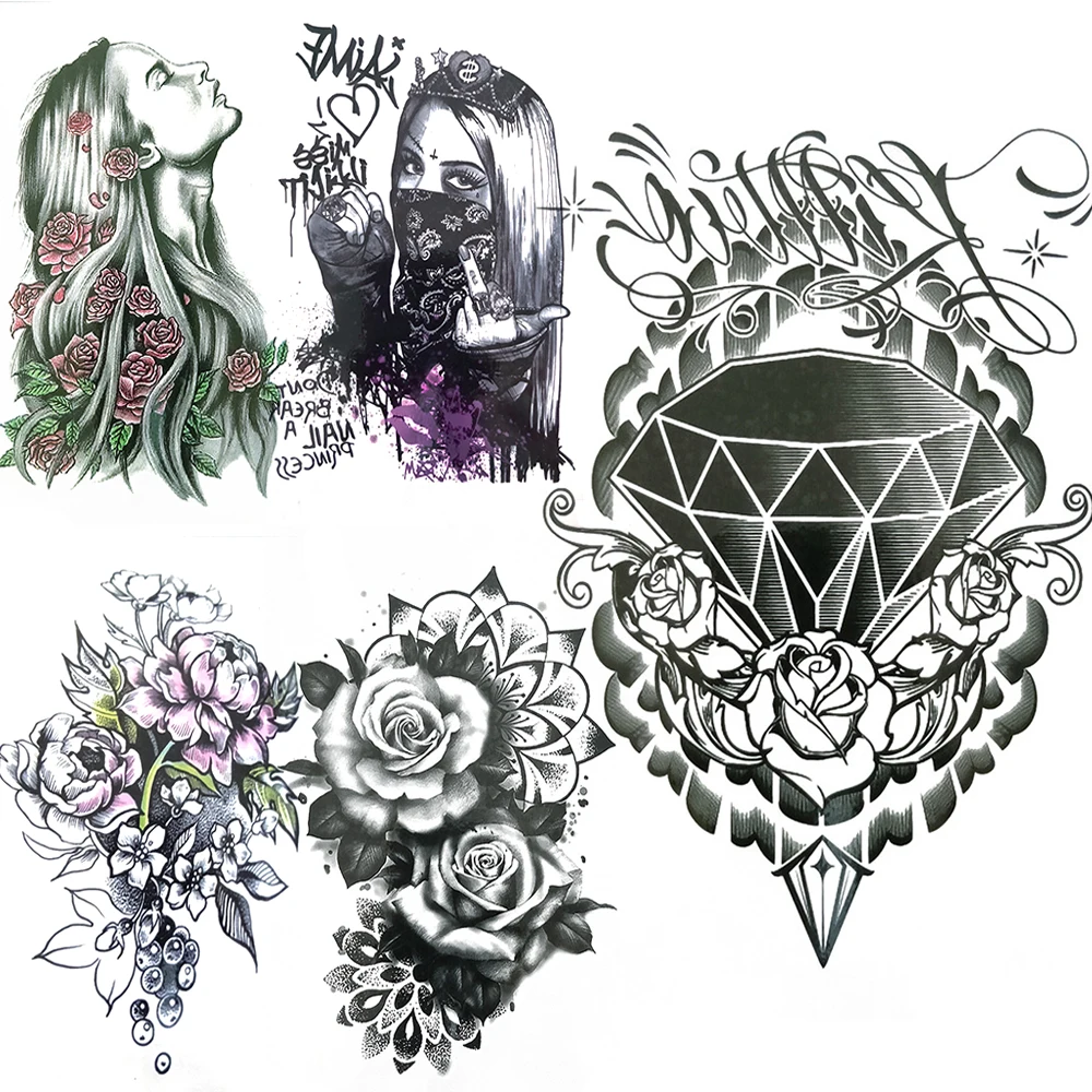Black Diamond Fake Temporary Tattoos For Women Men Gangster Harajuku Tattoo Sticker Cherry Mandala Rosees Flower Tatoo Hands Arm | Красота и