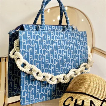 

2020 New Denim Jacquard Pearl Chain Shoulder Messenger Bags Female Fashion Wild Handbag Large Capacity Casual Totes Sac A Main