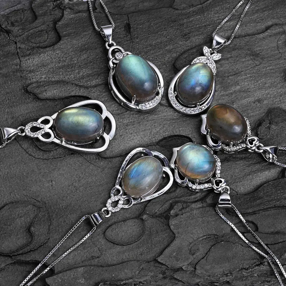

luxury 925 Sterling Silver Natural Labradorite Stone Drop Necklace For Women Blue Color Gemstone Fine Jewelry bijoux femme 2019