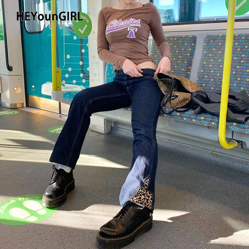 

HEYounGIRL Patchwork Leopard High Waist Jeans Pants Women Casual Blue Denim Long Trousers Ladies Fashion Streetwear Joggers 2020