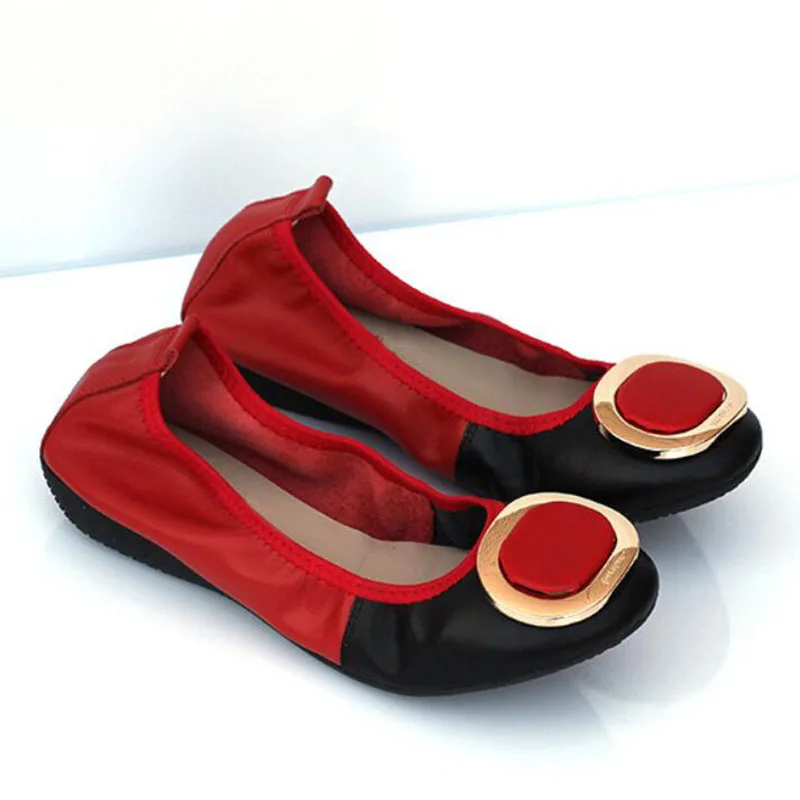 Ballet Flats Genuine Leather Round Head Color Matching Shoes Woman Loafers Fashion Sweet Flat Casual Comfortable Plus Size 35-43