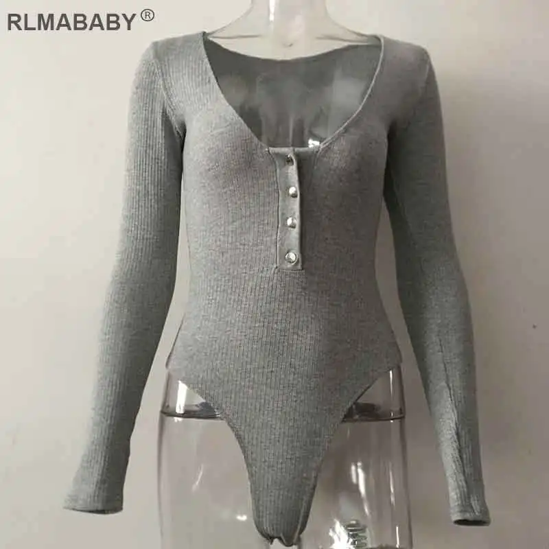 Grey Rlmaaby сексуальный трикотажный комбинезон с глубоким v-образным вырезом и пуговицами, Облегающий комбинезон с длинным рукавом, женский комбинезон, Осенний базовый топ-боди - Цвет: Grey