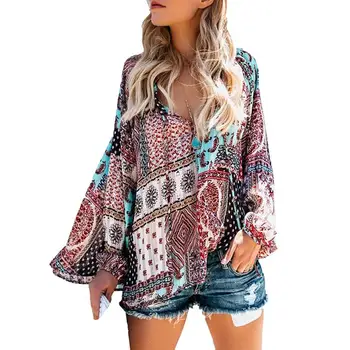 

Women Beach Bandage Loose Shirts Tidy Simple and Generous in Appearance Printing Splicing Chiffon Bikini Cover Up