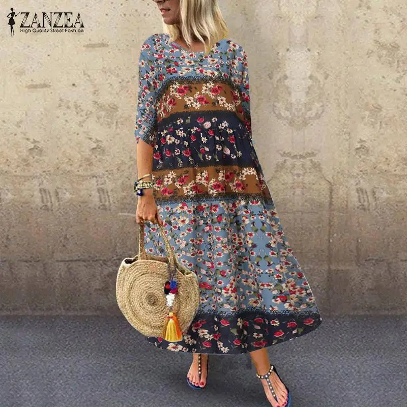 Vintage Women's Printed Maxi Dress ZANZEA Autumn Sundress Casual 3/4 Sleeve Linen Vestidos Patchwork Robe Plus Size S-5XL