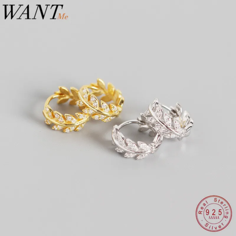 Женские серьги гвоздики в виде листа оливковой ветви WANTME роскошные из 100% серебра с кубическим цирконием