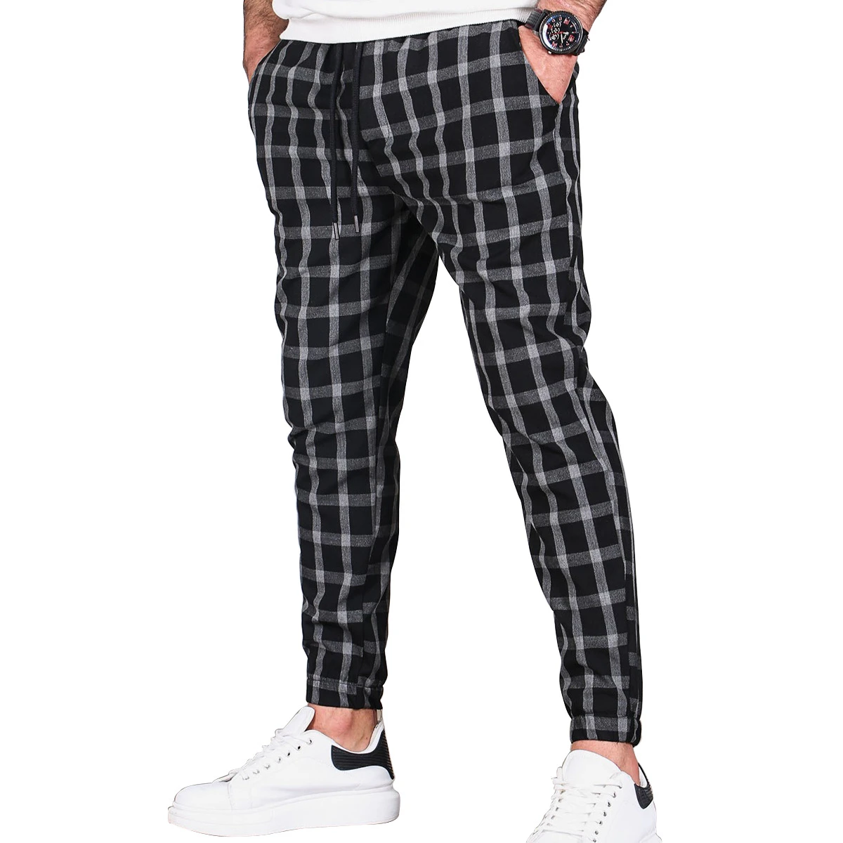 2022 Christmas trend new Autumn and Winter Men’ s Sport Pants, Boys Plaid High Waist Trousers lattice pattern Pencil trousers men's khakis