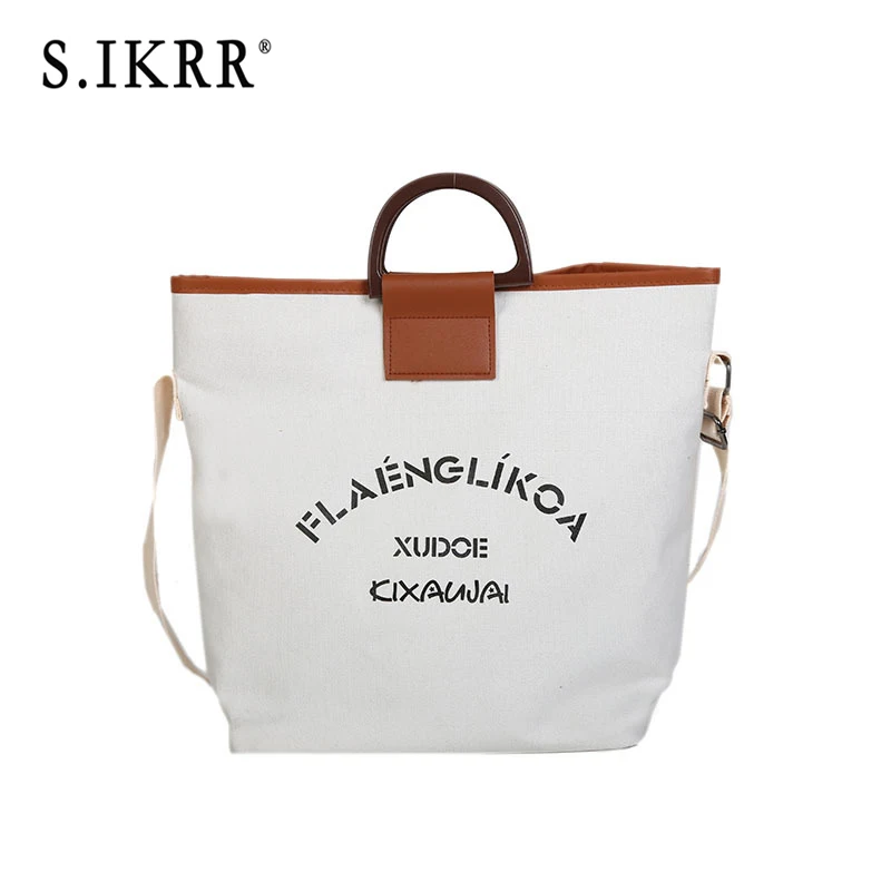 S. IKRR одноцветная Сумка-тоут, Холщовая Сумка с буквенным принтом, сумки через плечо для женщин, модная сумка для покупок, сумки, дизайнерская повседневная большая сумка - Цвет: White