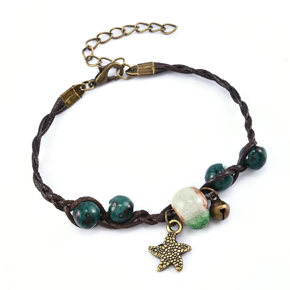 

4 Colors Natural Ceramic Star Bell Bracelet Adjustable Weave Fashion Bracelets for Women Men Jewelry Gift Charm Strand Jewelry