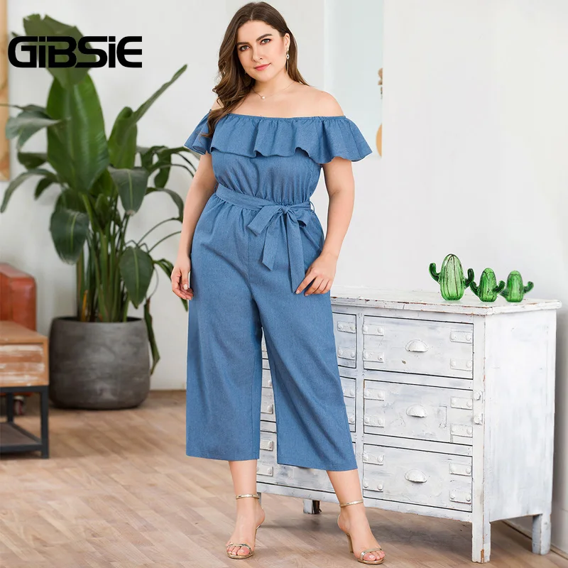 

GIBSIE Plus Size Off Shoulder Ruffle Denim Jumpsuit With Belt Summer Women Casual Slash Neck High Waist Jumpsuits 2019 New