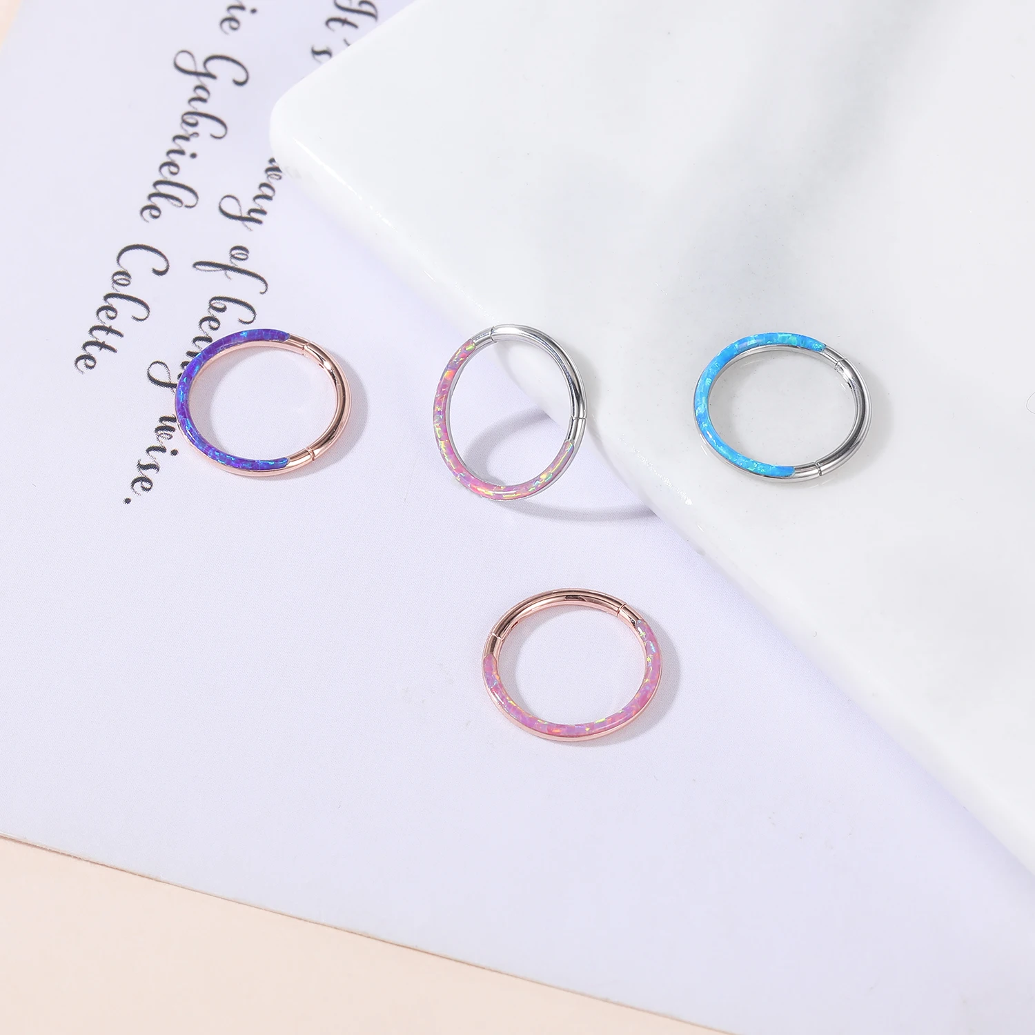 ZS 16G Real Opal Septum Piercing Stainless Steel Nose Ring Opal Helix Cartilage Hoop Earring Opal Nose Clicker Piercing Jewelry