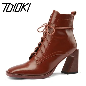

Tuyoki Real Leather Women Ankle Boots Thick High Heel Cross Strap Zipper Shoes Square Toe Warm Boots Party Footwear Size 33-40