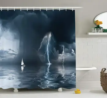 

Nautical Shower Curtain Saioat Decor Yacht in The Ocean with Thunderstorm Rain and Lightning Bathroom Accessories Waterproof