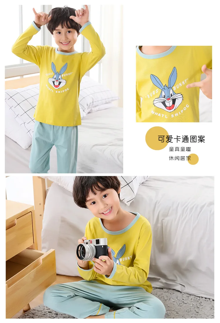 Boys' Pajama Long Sleeve Thin Summer Pure Cotton CHILDREN'S Pajamas Spring And Autumn Boy Big Boy Cartoon Tracksuit
