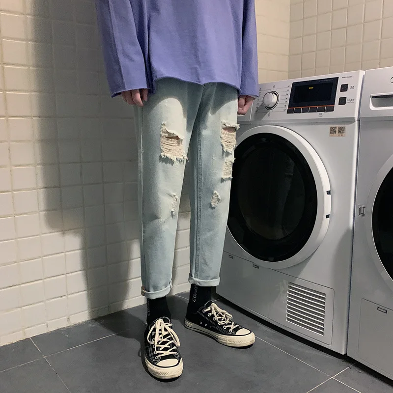 Men's Ripped Jeans  Streetwear Korean Straight Denim Pants Fashion Hip Hop BIG SIZE Loose Trousers Male Harajuku Casual Clothes 2