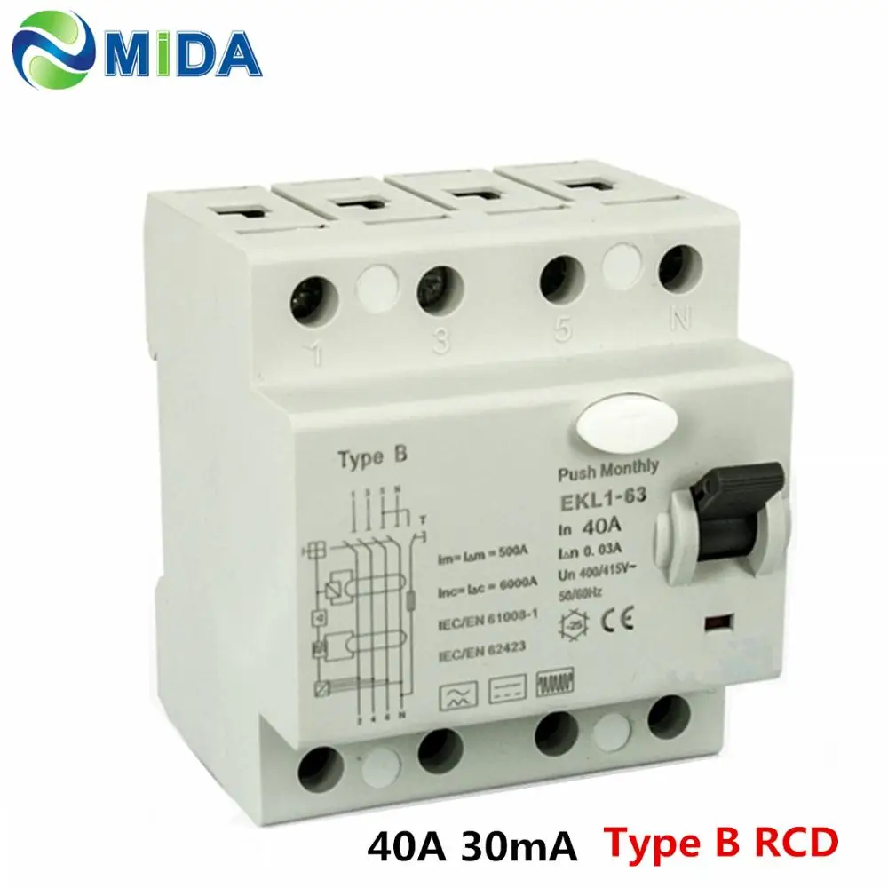 415V 10KA 4-полюсный автоматический 30mA 40A 80A Тип B код Выключатель B Тип RCCB for EV зарядная станция