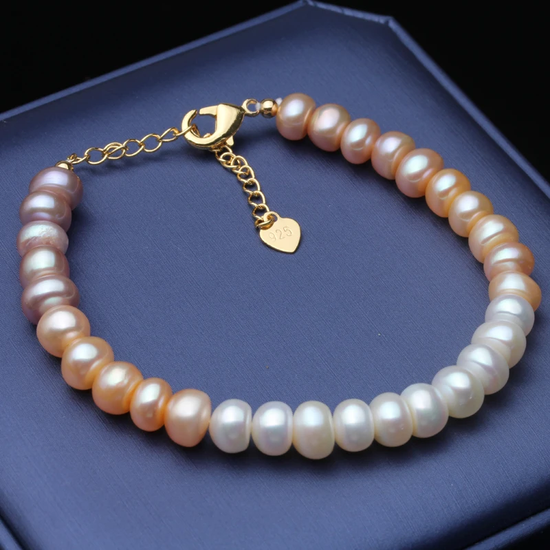 Fashion Natural Freshwater Pearl Bracelet For Women,Rainbow Gradient Pearl Strand Bracelet Wedding Girl Gifts