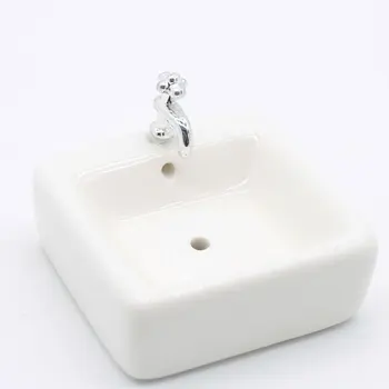 

Square Dollhouse Bathroom Sink 1:12 Miniature Ceramic Wash Basin Bathroom Sink Model Simulation Accessory for Dollhouse White