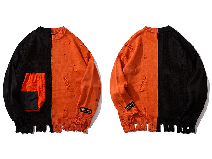 Aelfric Eden Color Clock Patchwork Pockets Knitted Mens Sweaters Streetwear Harajuku Hip Hop Fashion Casual Male Pullovers - Цвет: Black Orange