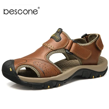 

BESCONE Men Leather Sport Beach Sandal Closed Toe Baotou Adjustable Velcro Closures Fishermen Breathable Flat Hiking Sandals BS4