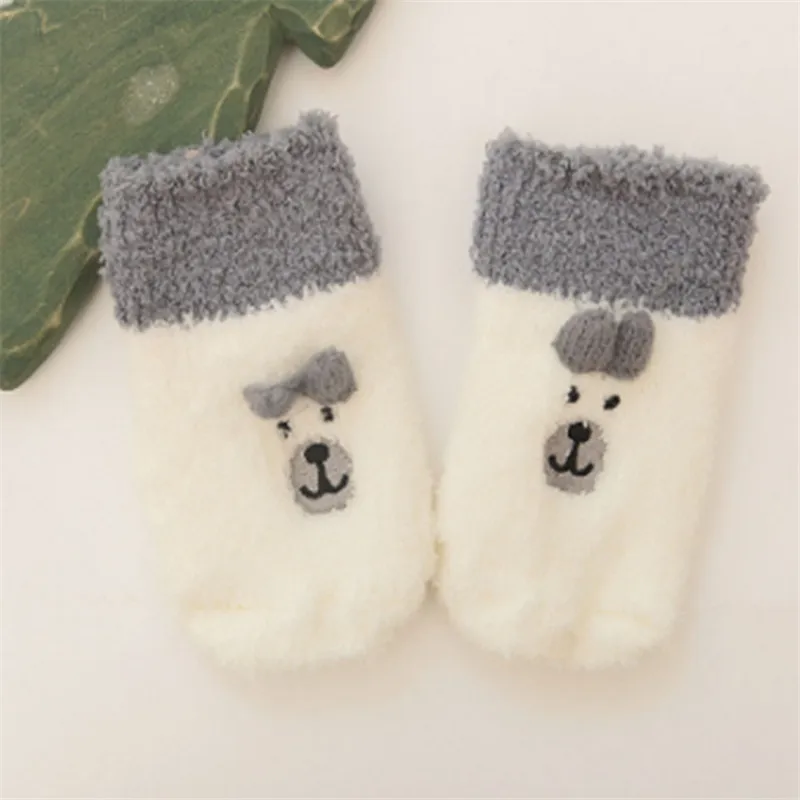 Детские носки с животными, милые носки с объемной вышивкой для новорожденных девочек зимние теплые шерстяные носки для мальчиков нескользящие носки с резиновой подошвой для малышей - Цвет: Gray Bear