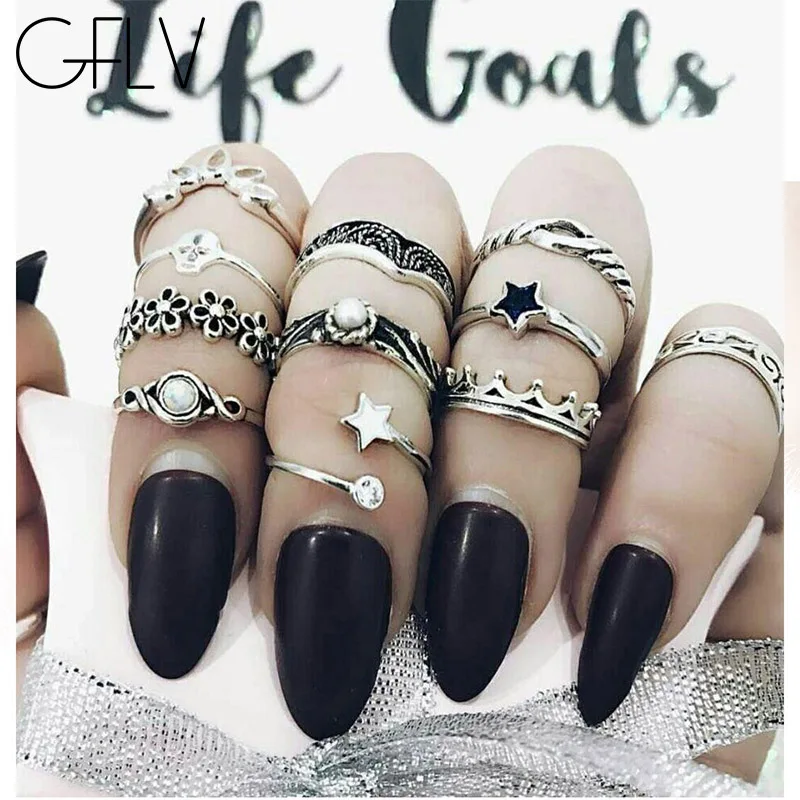 

GFLV European-Style Retro Crown Jewels Ornate Totems Set Ring Tension Setting Fashion 11-Piece Silver Plating Combo Rings R014