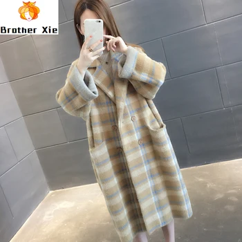 

Wool Long Coat Mink-like Plaid Jacket Female Spring Winter Immortal Sweater Loose Knitted Cardigan Overcoat Wide-waisted