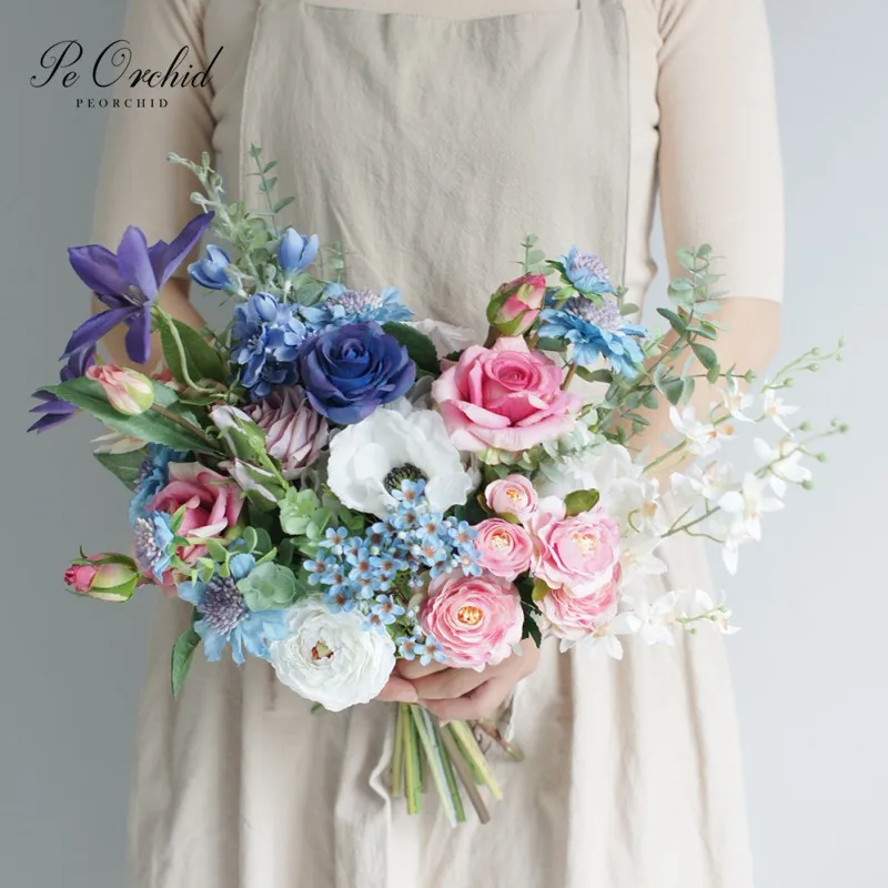

PEORCHID Blue Wedding Bouquet For bride Ramos De Novia 2020 New Artificial Bridal Rose Pink flower Bouquet Decoration