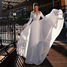 

SoDigne Arabic Modern Beach Wedding Dress Long Sleeves Lace Appliques Bridal Dress With Detachable Train Satin Wedding Gowns