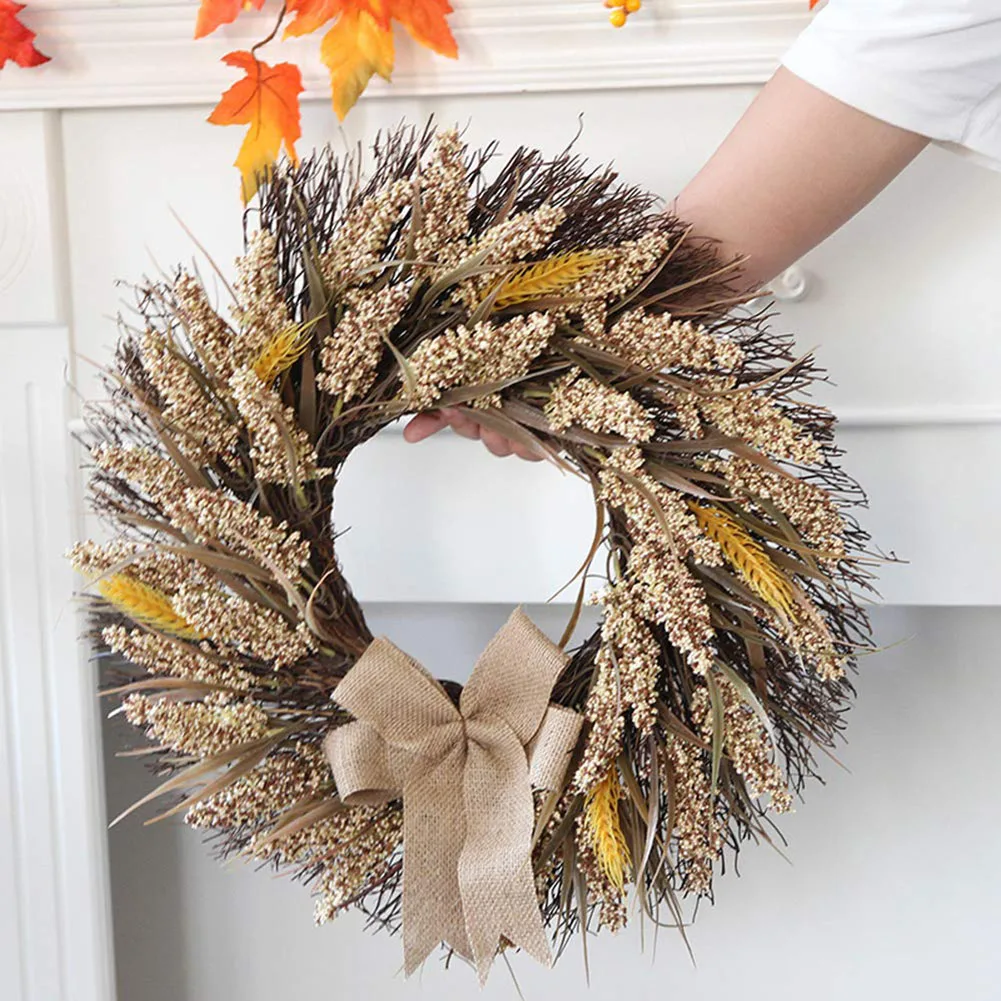 

Fall Wreath Elegantly Home Decoration Vivid Artificial Autumn Wreath with Yellow Leaves for Door Indoor Wall Wedding Window