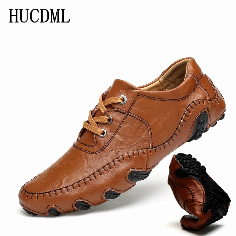HUCDML Brand Leather Men Casual Shoes Flats Non-slip Mens Loafers Soft Lace Up Fashion Driving Male Size 38-47 | Обувь