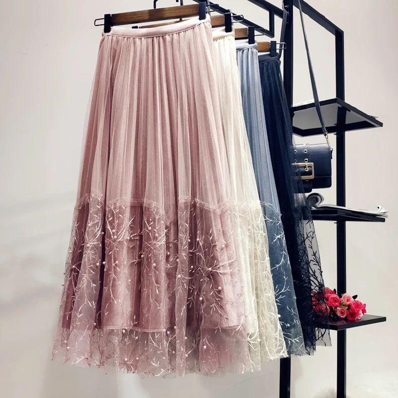 

New Arrivals Women Skirt Mesh Yarn Embroidery Velvet Lining Long Skirt Ladies Long Skirt Mid-calf Swing Pleated Skirt