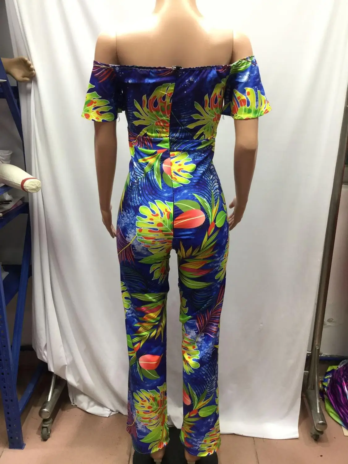 IUYB Slash Print Leaf Maxi летние женские сексуальные короткий рукав спортивный комбинезон повседневные Широкие пляжные стильные комбинезоны YM-8417