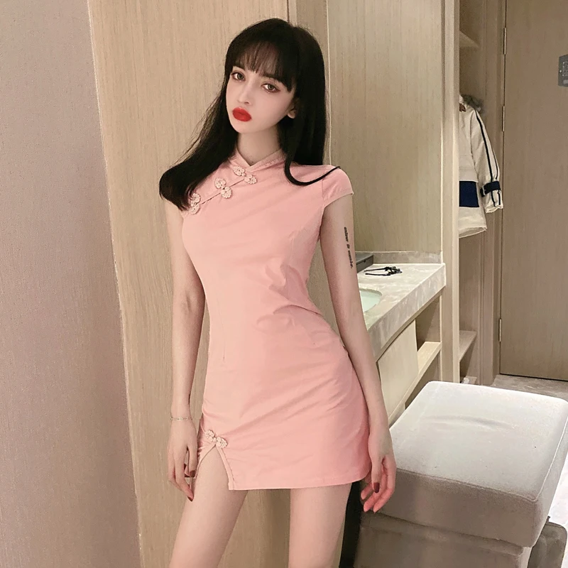 

Женское пикантное платье Ципао, красное, розовое, в китайском стиле ретро, чонсам, облегающая мини-юбка для ночного клуба, мини-платья для вечерние, винтажные платья