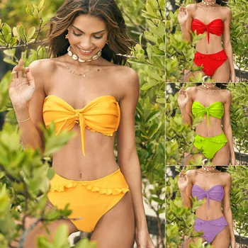 

New 2020 Bikini Ruffle Swimsuit Mid-Waist Women's Swimsuit Chest Knotted Bikini