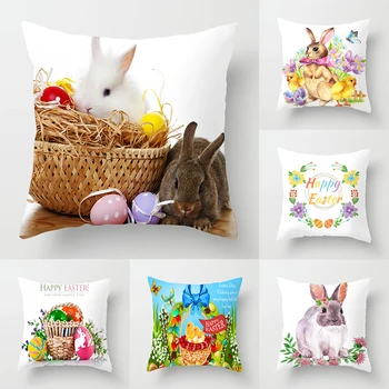 

Happy Easter Eggs Rabbit Cushion Cover Bunny Pattern Sofa Pillow Home Soft Pillow Case Various Patterns Home Decor 45x45cm