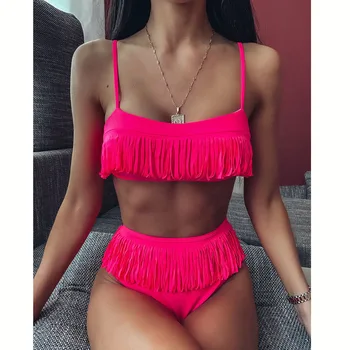 

Tassels Bikini Set 2020 High Waisted Bikinis Bandeau Swimsuit Female Sexy Swimsuit Women Bathing Suit Brazilian Biquini Swimming