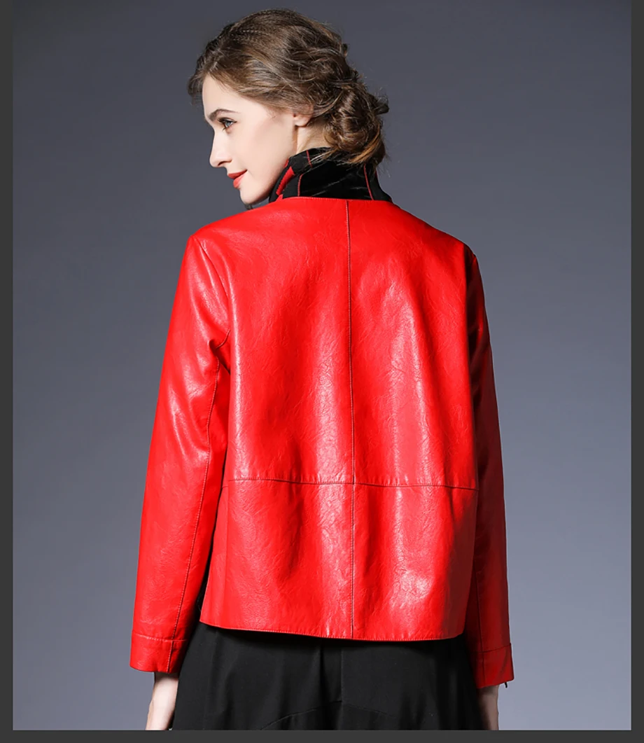 Женская байкерская куртка размера плюс из искусственной кожи черного и красного цвета, женская зимняя кожаная куртка, меховое пальто