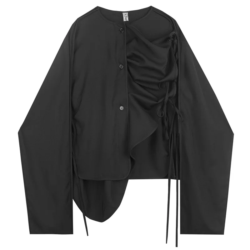 EWQ/весна, однобортная плиссированная Свободная рубашка с длинным рукавом и круглым вырезом, Мужская блузка в японском стиле FS970