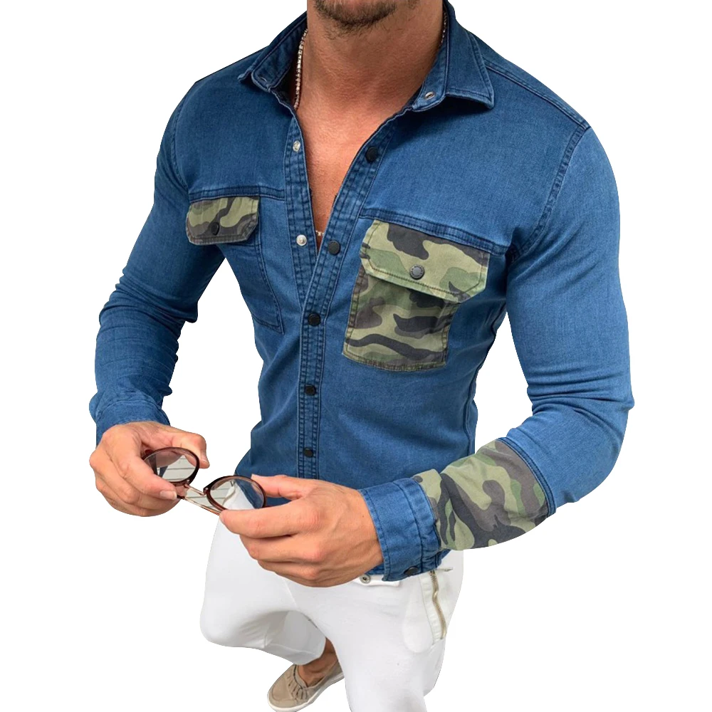 Модная мужская рубашка в стиле пэчворк, брендовая облегающая Мужская рубашка с длинным рукавом, джинсовая рубашка с карманами для мужчин - Цвет: Blue