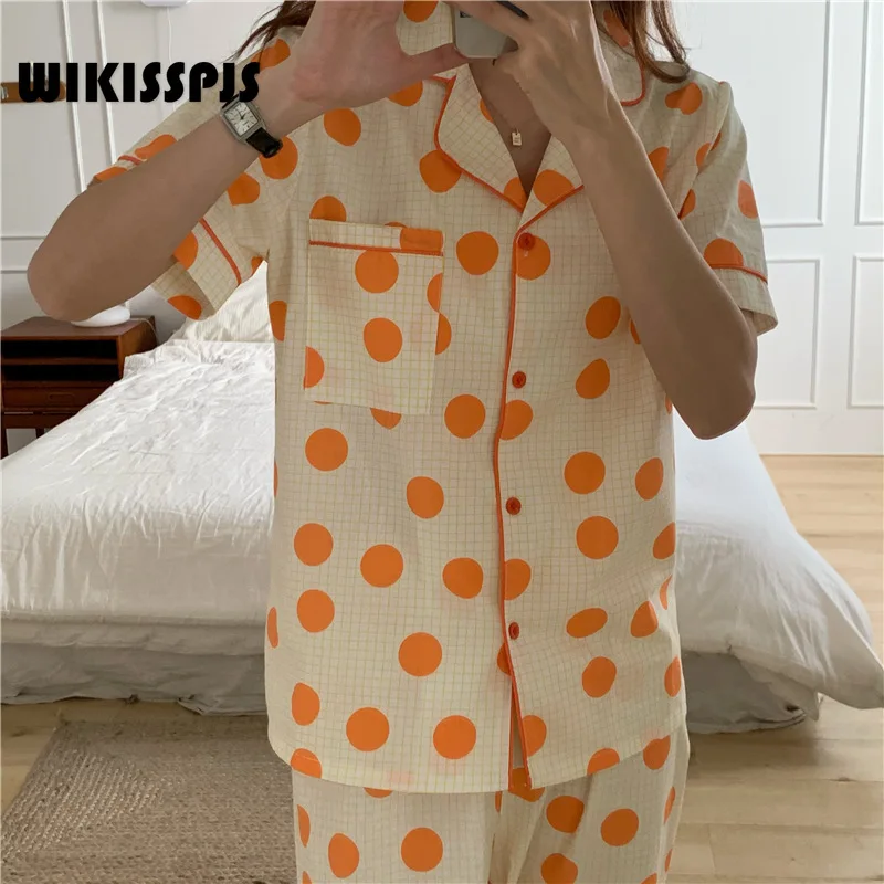 

WIKISSPJS 2022 Summer Wave Point Leisure Student Round Dot Short Sleeve Pants Home Suit Pajamas Women's Cotton Lounge Wear
