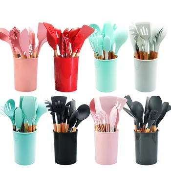 

Silicone Kitchen Tools Set Cooking Tools Utensils Set Spatula Shovel Soup Spoon with Wooden Handle Special Heat-resistant Design