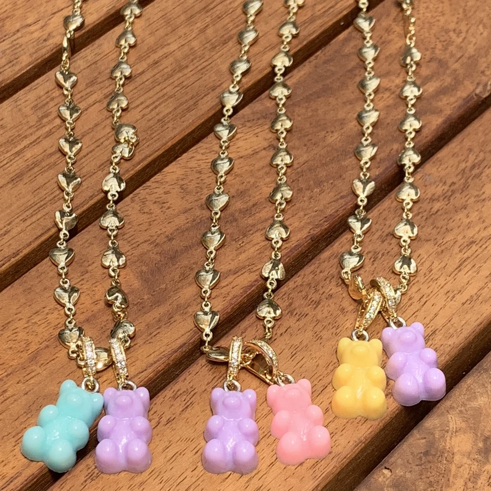 2021 Candy Color Gummy Bear Resin Pendant Necklace for Women Simple Golden Metal Chain Necklace Female Fashion Jewelry Gifts