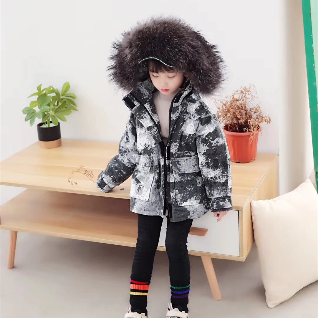 

2019 Children's Fur Girls Coat Camoufalge Russian Winter Jacket Teenage Girls Warm Hooded Thick Real Fox Fur Outwear Boys Parkas