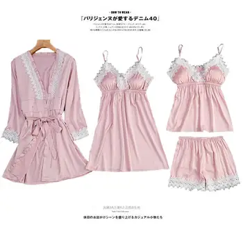 

Women's Spring-Summer-Summer Nightgown Four-piece Silk Chest Pad Home Set Sexy Lace Solid Color Pajamas Sling
