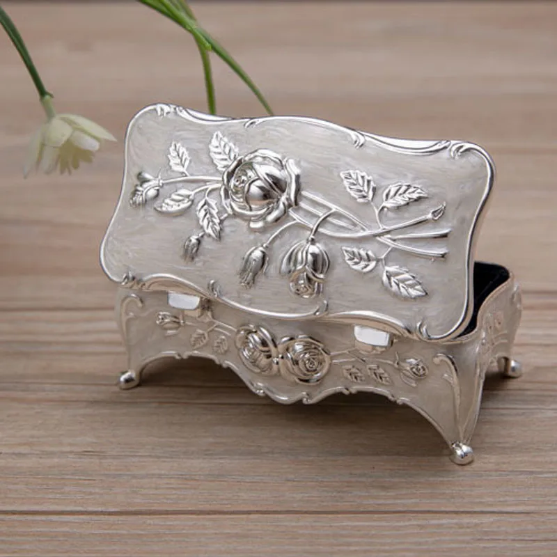 Simple Enameled Decorative Collectible Jewelry Trinket Box for Women White With Rose Flower Organizer Toothpick Cotton Swab Box